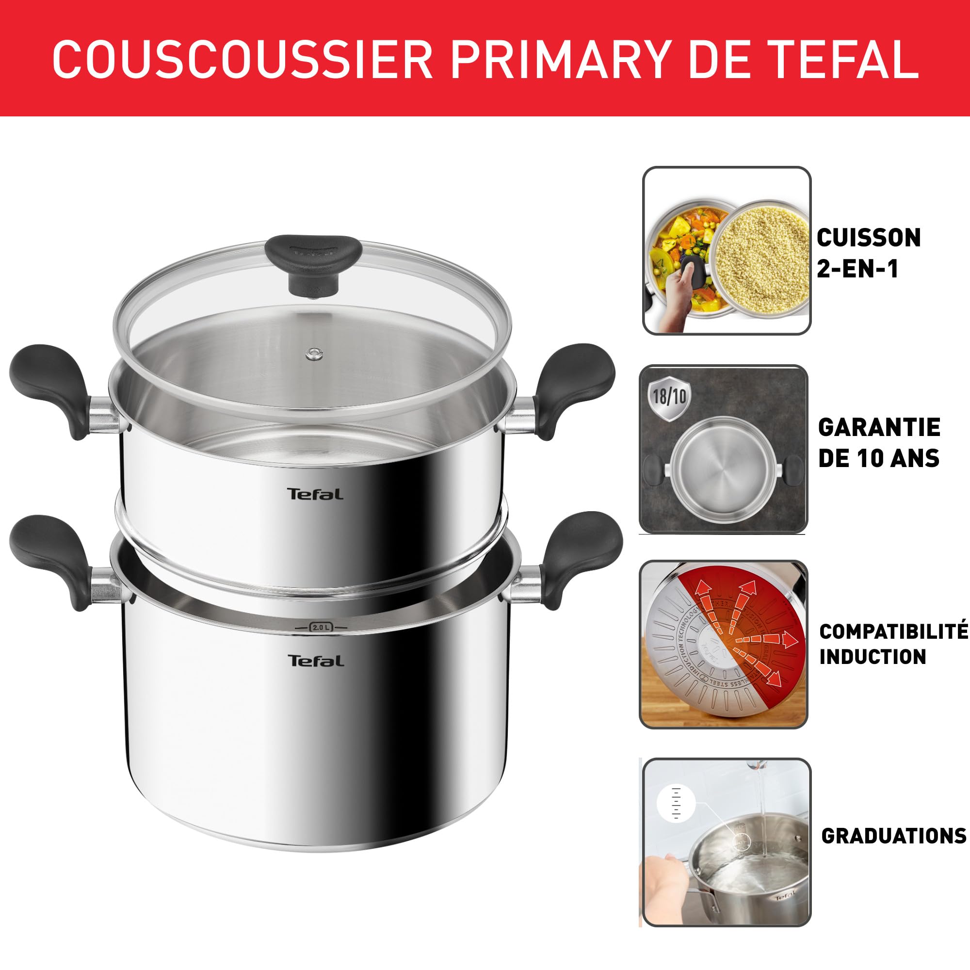 Tefal Couscoussier 24cm et panier vapeur, 4-5 personnes, Induction, panier vapeur petits trous, Couvercle en verre, 6,7L, Primary E3089504