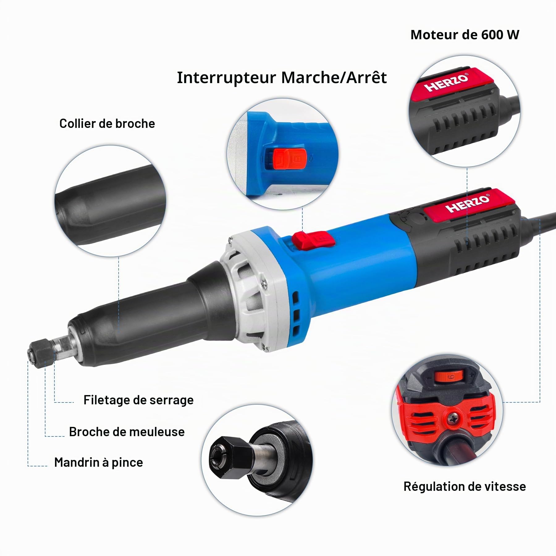HERZO Meuleuse Droite Professionnelle 600W,Outil Rotatif Électrique à Vitesse Variable 0–31000 tr/min, Pince Ø6mm/8mm, Ponceuse Polisseuse pour Bricolage, Métal, Bois et Gravure