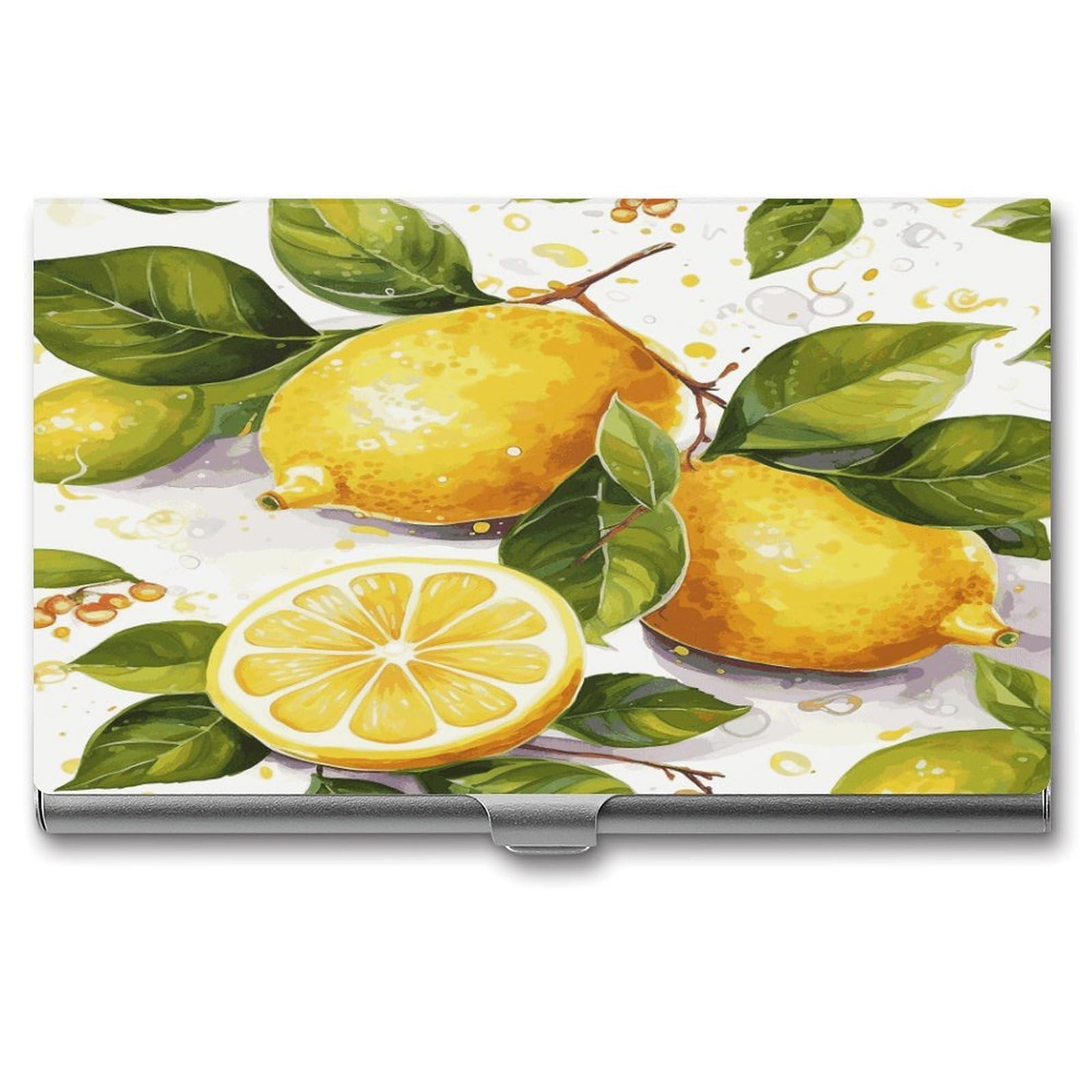 JTREHY Fruits Lemon Business Card Holder Slim Purse Name Card Holder Portable Metal Business Card Case Wallet Large Capacity Lightweight Business Card Case for Men Women