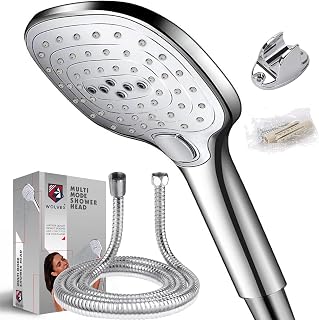 Wolvex ® Handheld Water Saving shower head and hose 2m Stainless Steel Hose Pipe High Pressure Showerhead 3 Spray Modes with Massage, Spa Experience, Full-Chrome with Control Button, Easy Installation