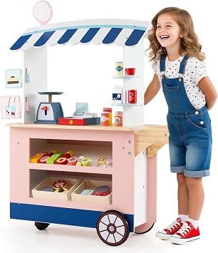 GLACER Grocery Store Pretend Play, Wooden Marketplace Toy Playset w/30 PCS Play Food Accessories, Cash Register & Scale, Market Stand w/Wheels & Beverage Rack, Play Store for Boys & Girls