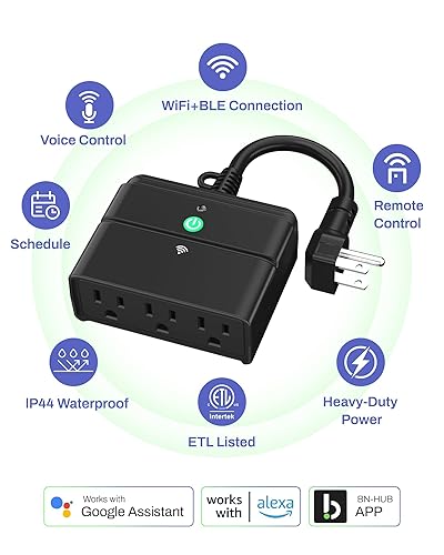 Miniatura 2 de BN-LINK Enchufe inteligente Wi-Fi para exteriores, enchufe inteligente Wi-Fi y Bluetooth de alta resistencia con 3 tomas, enchufes inteligentes