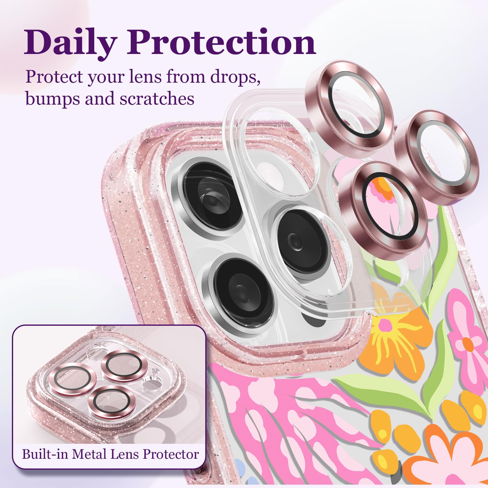 Funda compatible con iPhone 13 Pro Max, bonita estética, funda rosa con purpurina y protector de cámara, diseño femenino de flor de la pasión para mujer y niña de 6.7 pulgadas