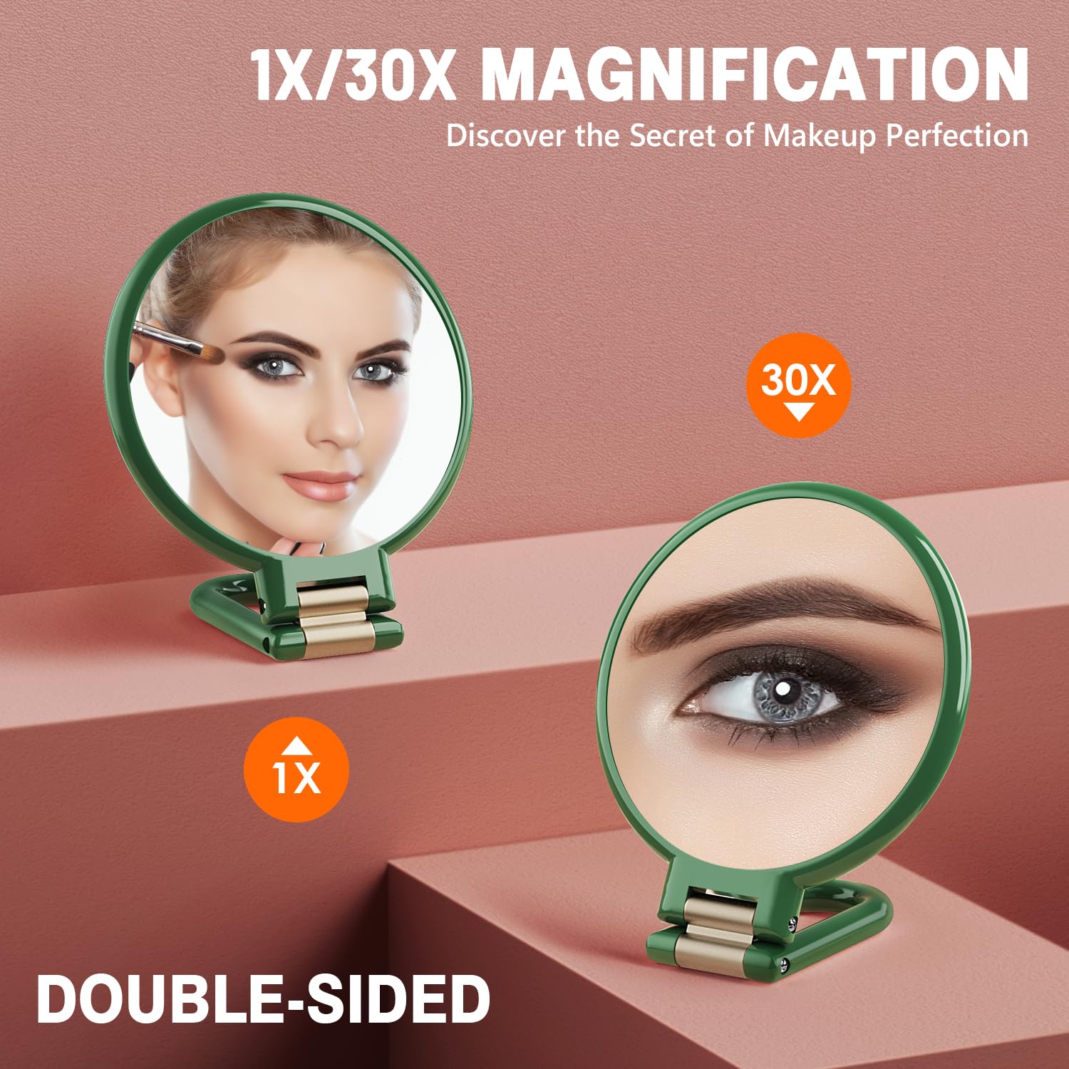 Auxmir Specchio Ingranditore Bifacciale 30X/1X, Specchio a Mano 14CM, Alta Definizione, Portatile, Pieghevole, Appendibile, Specchio Trucco da Viaggio per Trucco, Cura del Viso, Verde