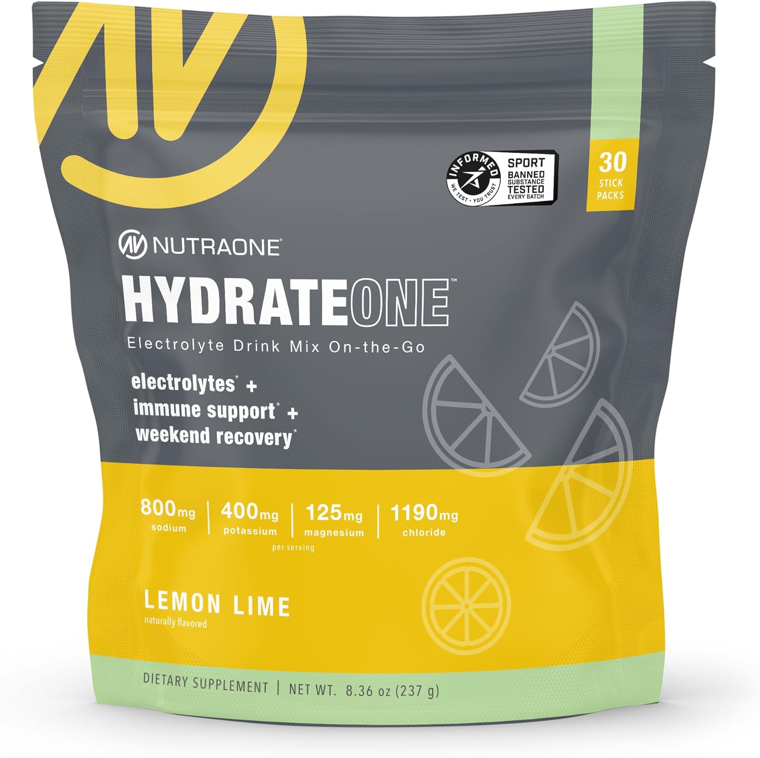 NutraOne HydrateOne, Electrolyte Drink Mix On-The-Go | Lemon and Lime, 30 Servings