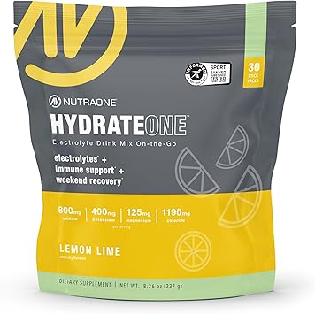 NutraOne HydrateOne, Electrolyte Drink Mix On-The-Go | Lemon and Lime, 30 Servings
