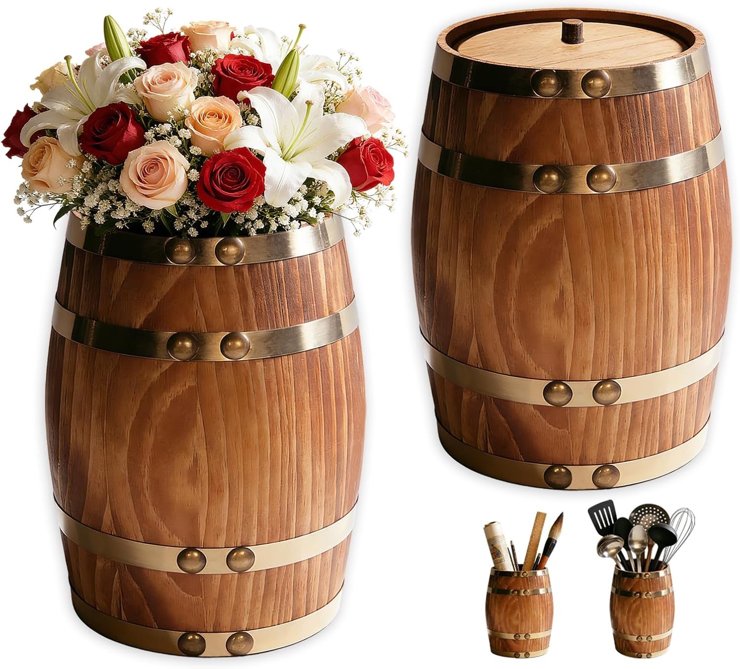 2-Pack 7.9 in Wooden Whiskey Barrel Vases with Brass Hoops barrels for decor，Vintage Rustic Burnt Wood Cooking Tool Utensil Holder ，Rustic Flower Vase for Home Decor, Western Farmhouse Vintage Kitchen