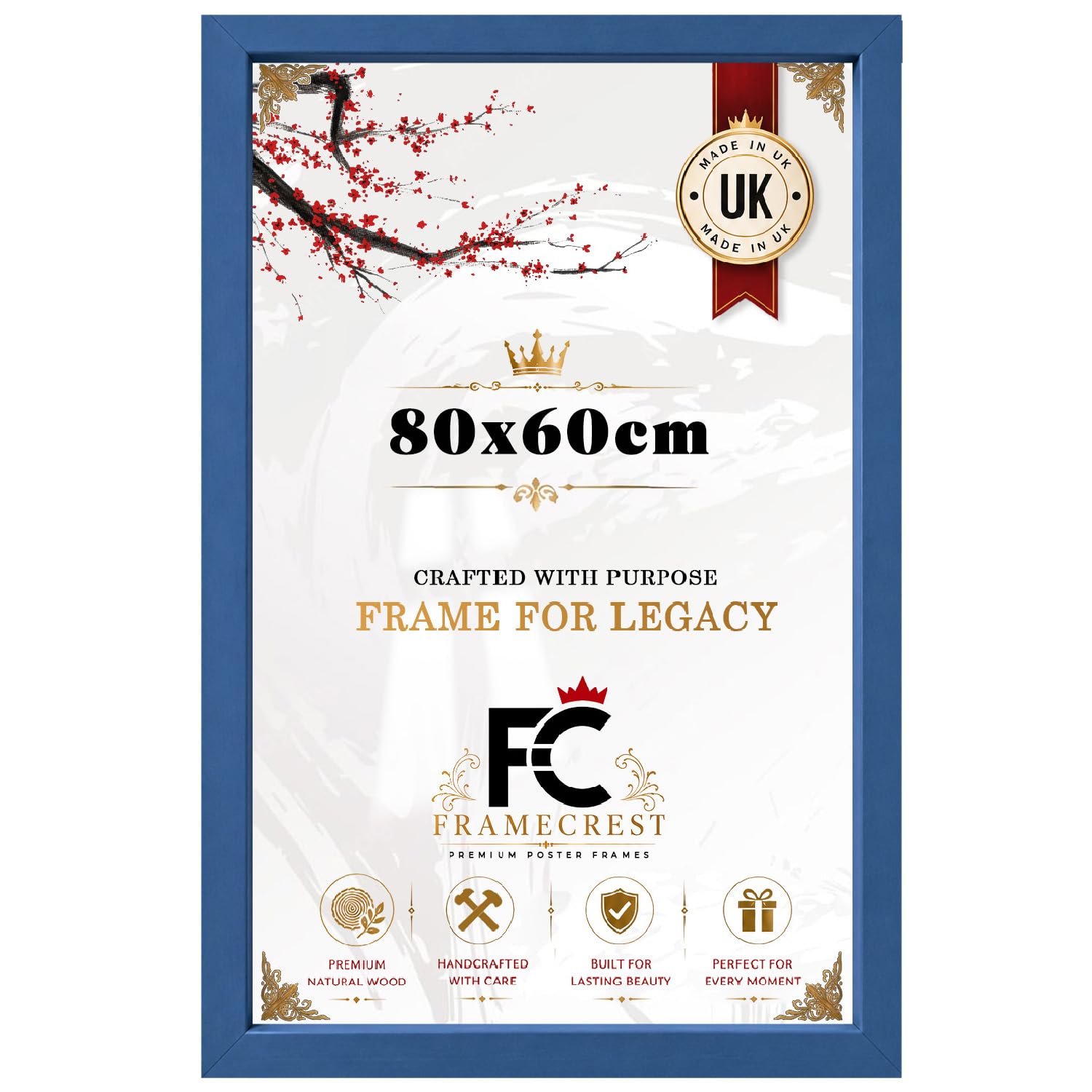FRAMECREST 80x60cm MDF Poster Frame Blue | Extra Large Wooden Frame with HD Perspex | Wall Mount Frame for Posters Art Prints Photography Gallery Display- [Blue]