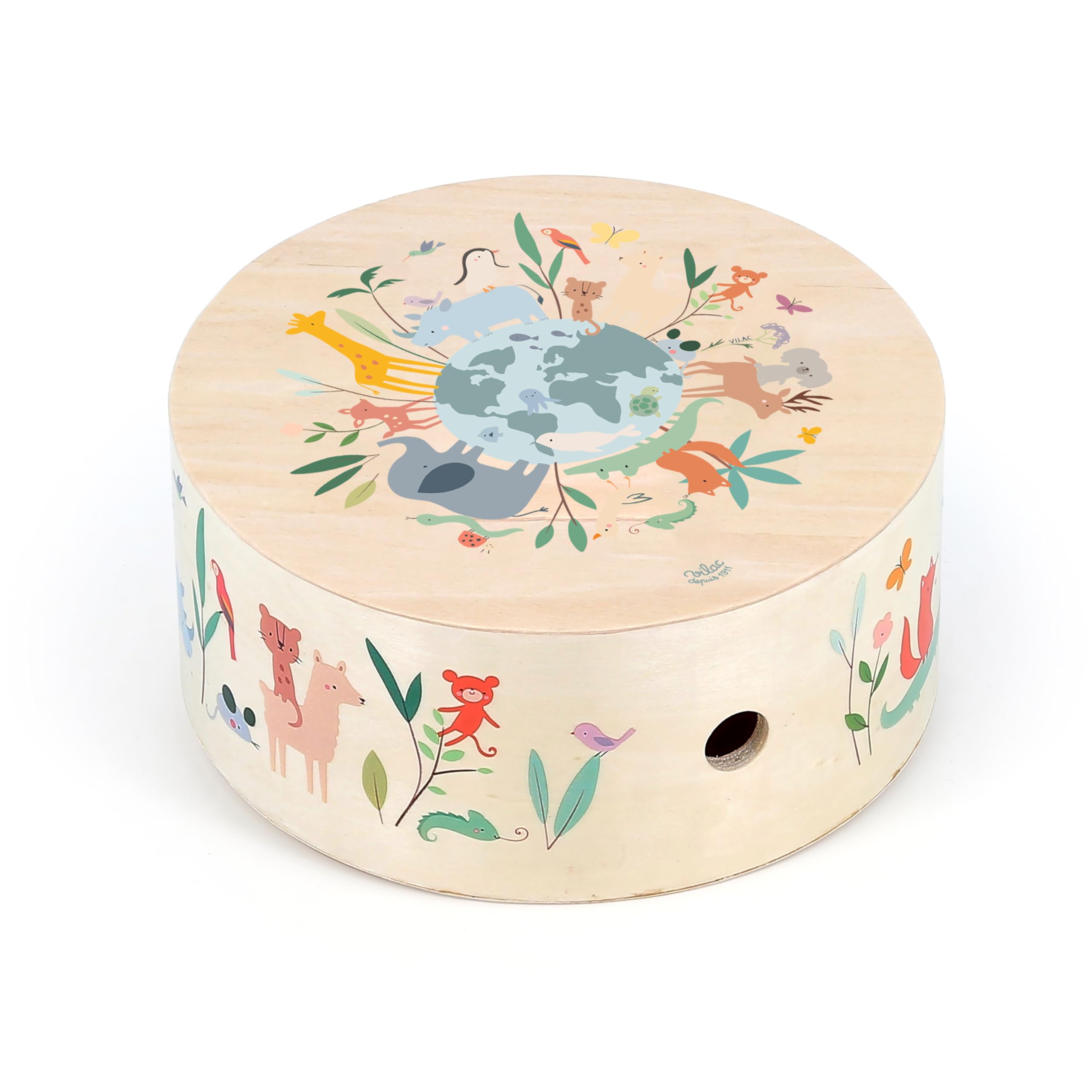 VILAC - Tamburo cajón Gli animali del mondo - Sarah Betz - Giocattolo musicale - 1 tamburo cajón in legno - Giochi di risveglio per bambini in legno - Giocattolo per bambini dai 3 anni - 7113