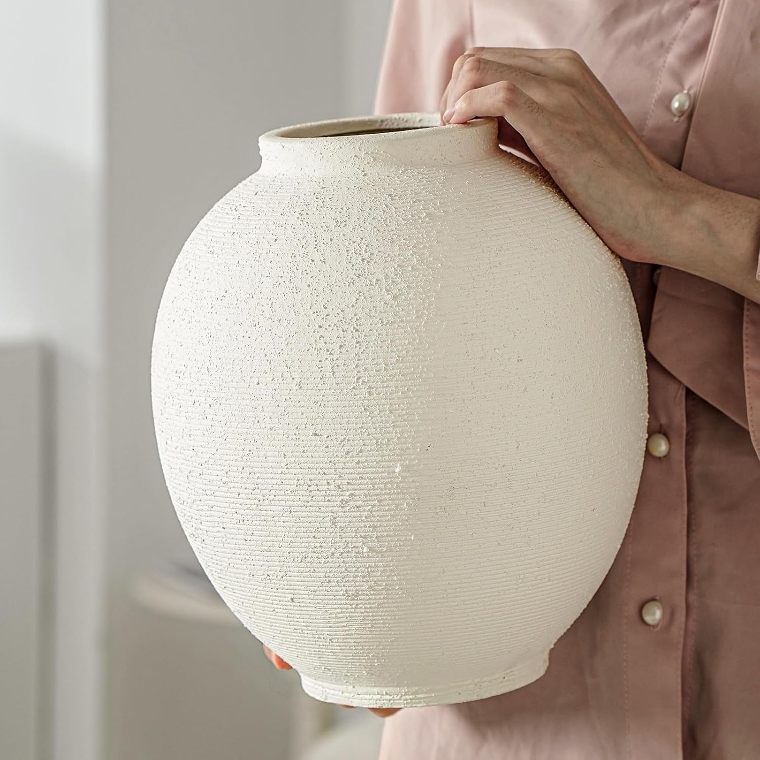 White & Round Ceramic Vase Home Decor, Large Farmhouse Table Vases Rustic Living Room Entrway Kitchen Bedroom Decorations, Minimalist Hand-Made Textured Vase (9.8”H Sandstone White) - Image 9