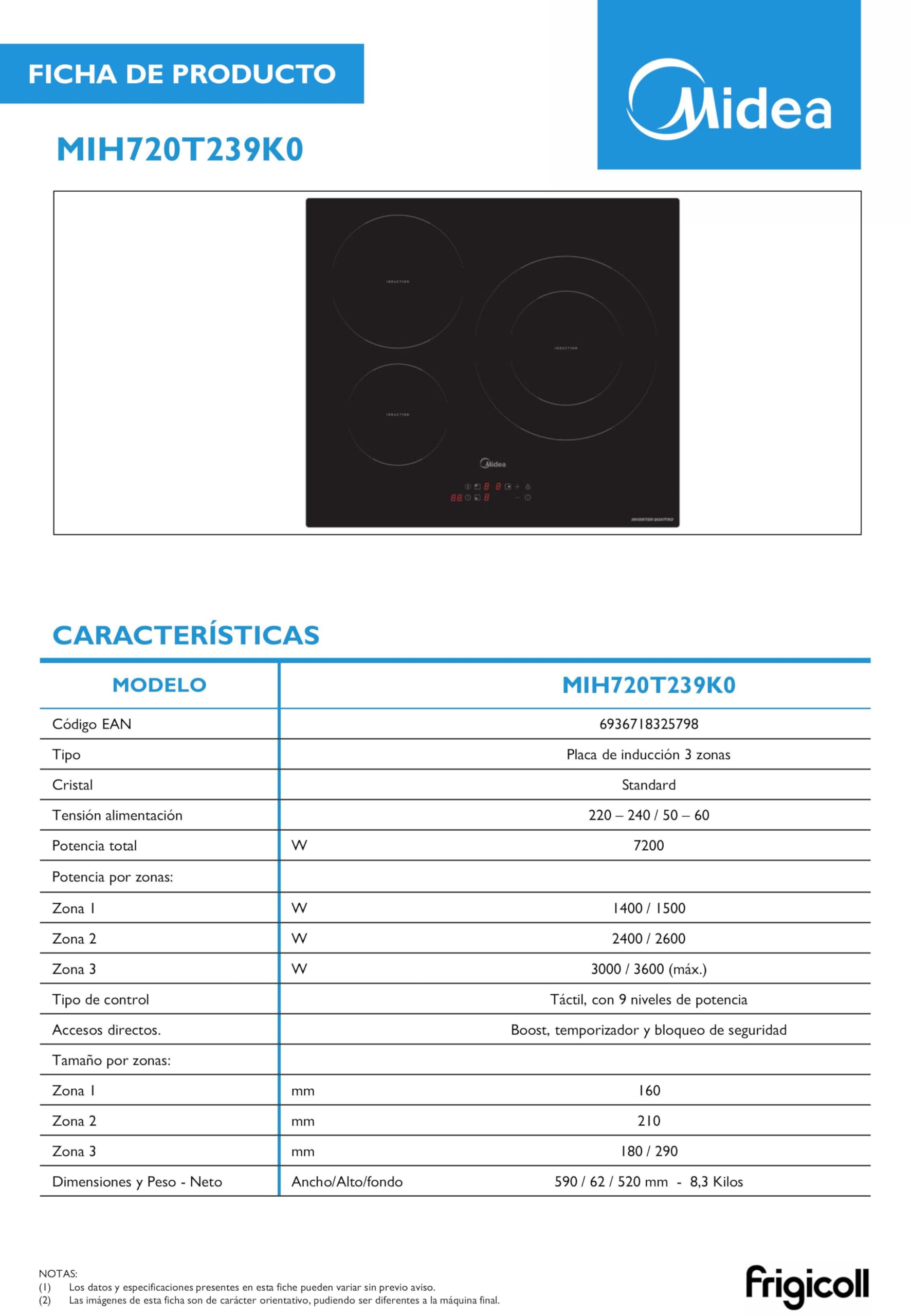 MIDEA Placa Inducción 3 fuegos 60 cm 7200 W - Vitroceramica Induccion Integrada con Panel de control tactil, Inverter quattro, 9 Niveles de Potencia, Booster, Indicador de Luz, y Temporizador.