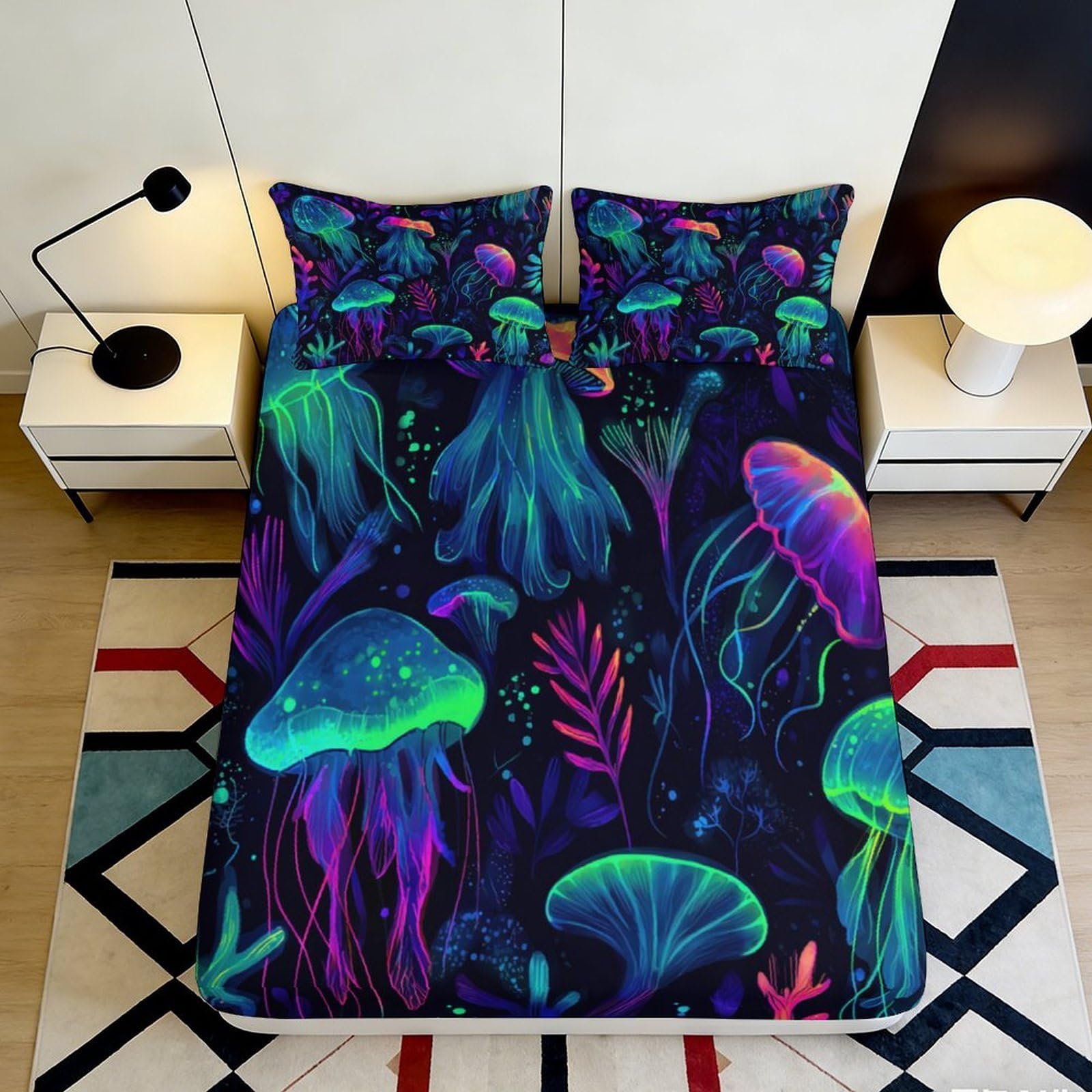 3D Printed Neon Jellyfish Fitted Sheet Microfiber Soft Durable Glowing Underwater Mattress Cover for Bedroom Dormitory Guest Room Bed Protection 180x200x25cm