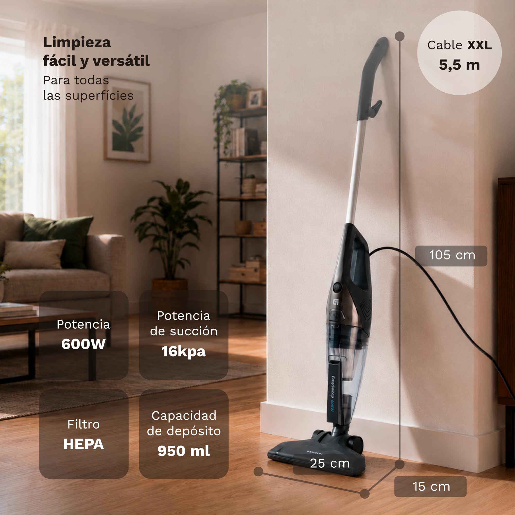 Grunkel Aspirapolvere scopa verticale con cavo ASP con filtro HEPA lavabile, 600 W di potenza e 16.000 Pa di capacità di aspirazione. Include accessori. 5,5 m di cavo e serbatoio (600 W Easy)