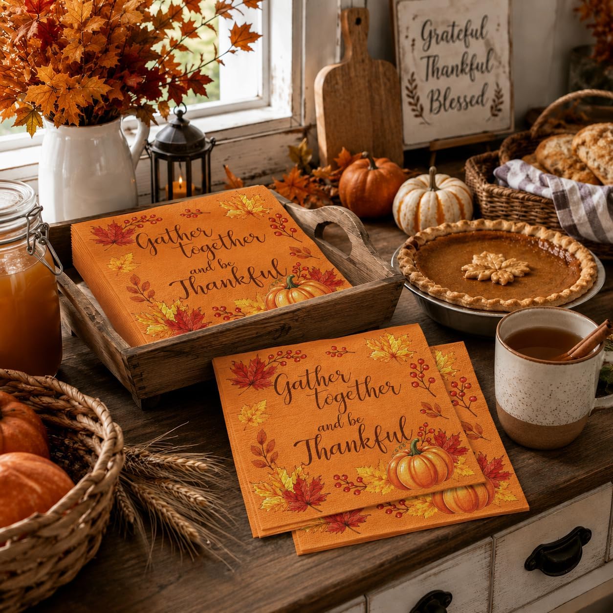 50 Pieces Thanksgiving Paper Napkins, Disposable Cocktail Napkins with Gather Together and Be Thankful Pumpkin Maple Leaf Design for Fall Harvest Dinner, Friendsgiving, Autumn Seasonal Decorations