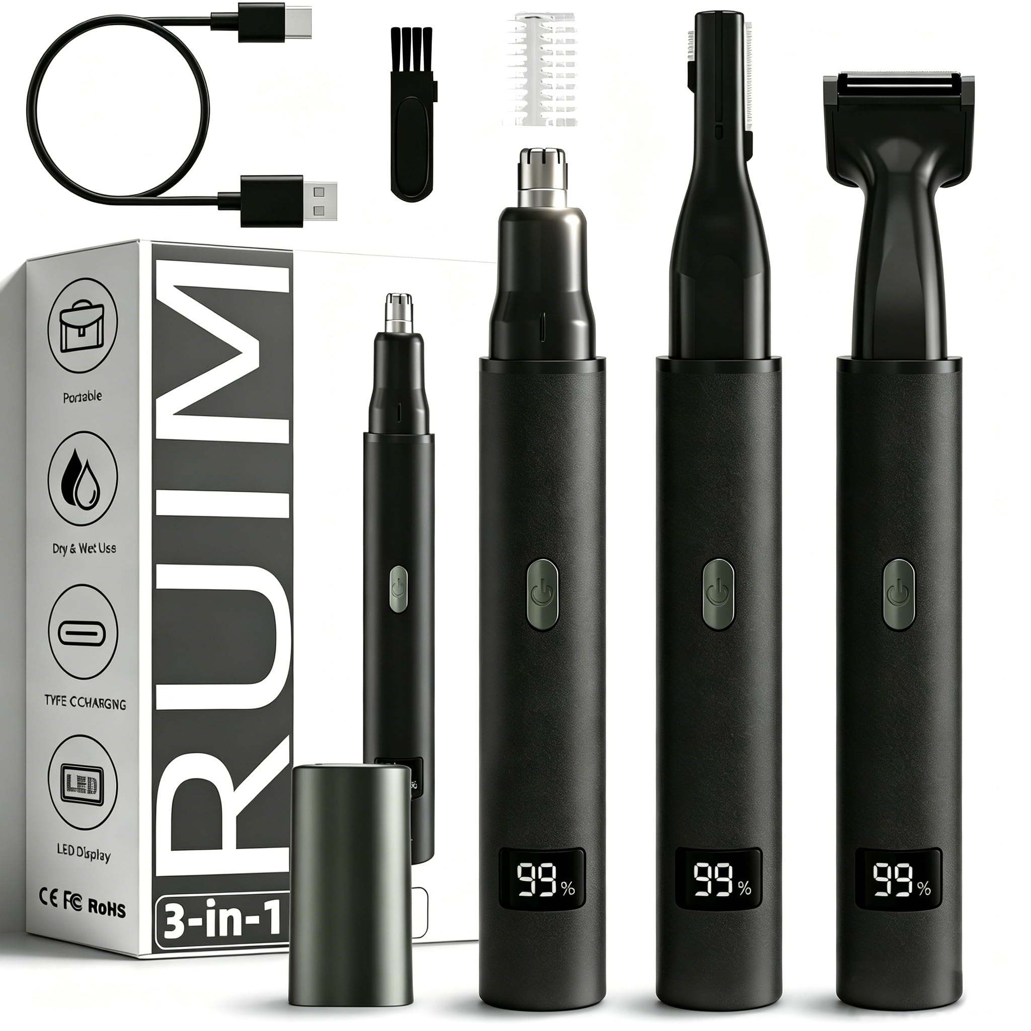 RUIM 3-in-1 Nasenhaarschneider für Männer & Frauen, schmerzloser Augenbrauen-Ohr-Gesichtspflege, USB-C Schnellladung Wasserdicht mit LED-Anzeige, Duschsicheres Reise-Kit Geschenk für Papa Weihnachten