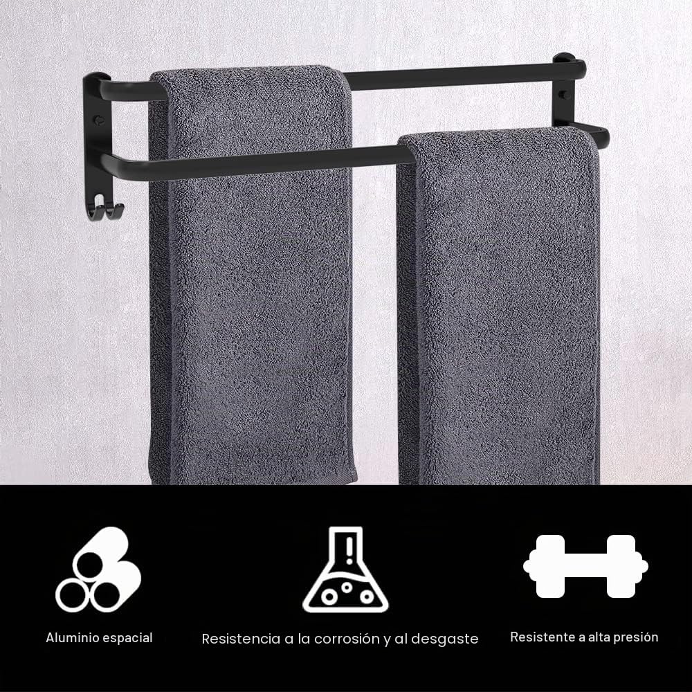 Estante de Toallas Toallero Pared Toalleros de Baño Aluminio Toallero con Ganchos, Barra de Toalla para Hogar y Hotel (Negro, 2-Tier 50CM)