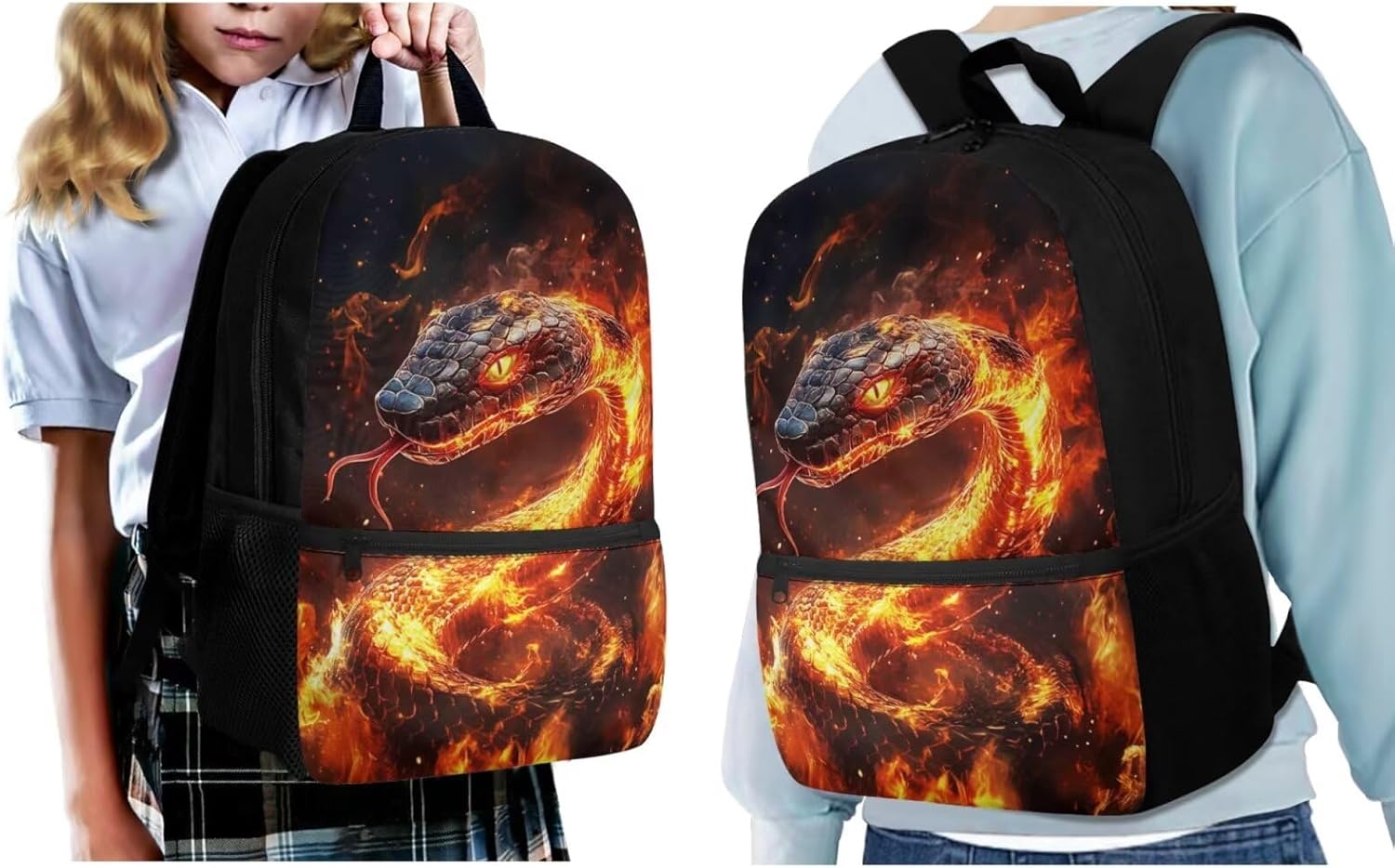 Flame Snake Kids Backpack with Lunch Box Boys 6-8 8-12 Elementary School Bag Set/4Pcs Girls Middle School Bookbag and Lunchbox Water Bottle Holder Large Pencil Case 17inch Travel Daypack