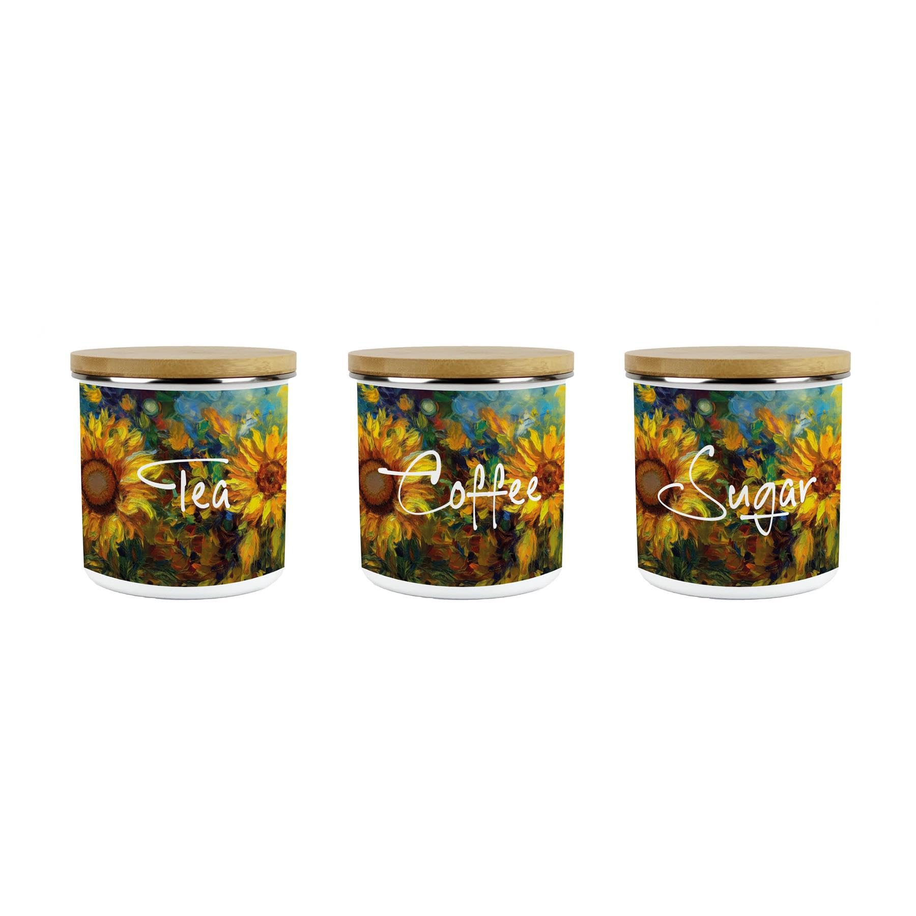 Purely Home Tcs Painted Sunflowers Tea, Coffee & Sugar Storage Canisters Set - Van Gogh Inspired Oil Paint Floral Artwork - Metal Enamel Medium Sized Kitchen Containers Pack Of 3