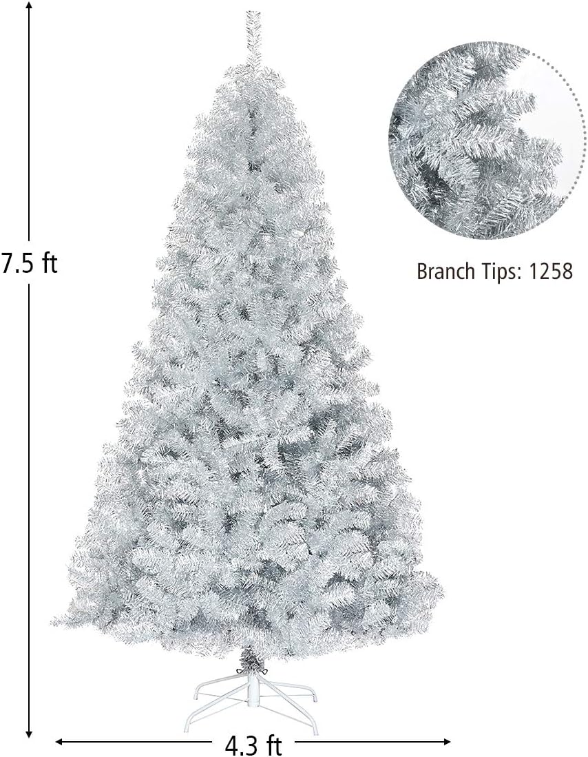 DORTALA Silver Christmas Tree 7.5 FT, Artificial Unlit Xmas Tree with 1258 Branch Tips, PVC Needles, Folding Metal Stand, Indoor Holiday Decor Tree for Home Office