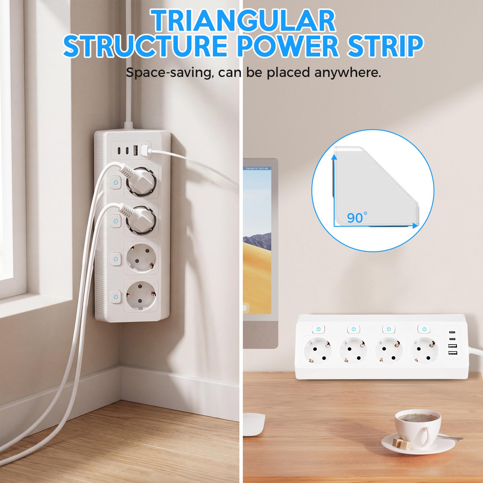 Multipresa a 4 prese con USB-C e Interruttori Indipendenti | Multipresa da Scrivania 4 porte USB, Multipresa con protezione da sovratensioni, 3680W, 16A, 2m, per cucina, casa e ufficio