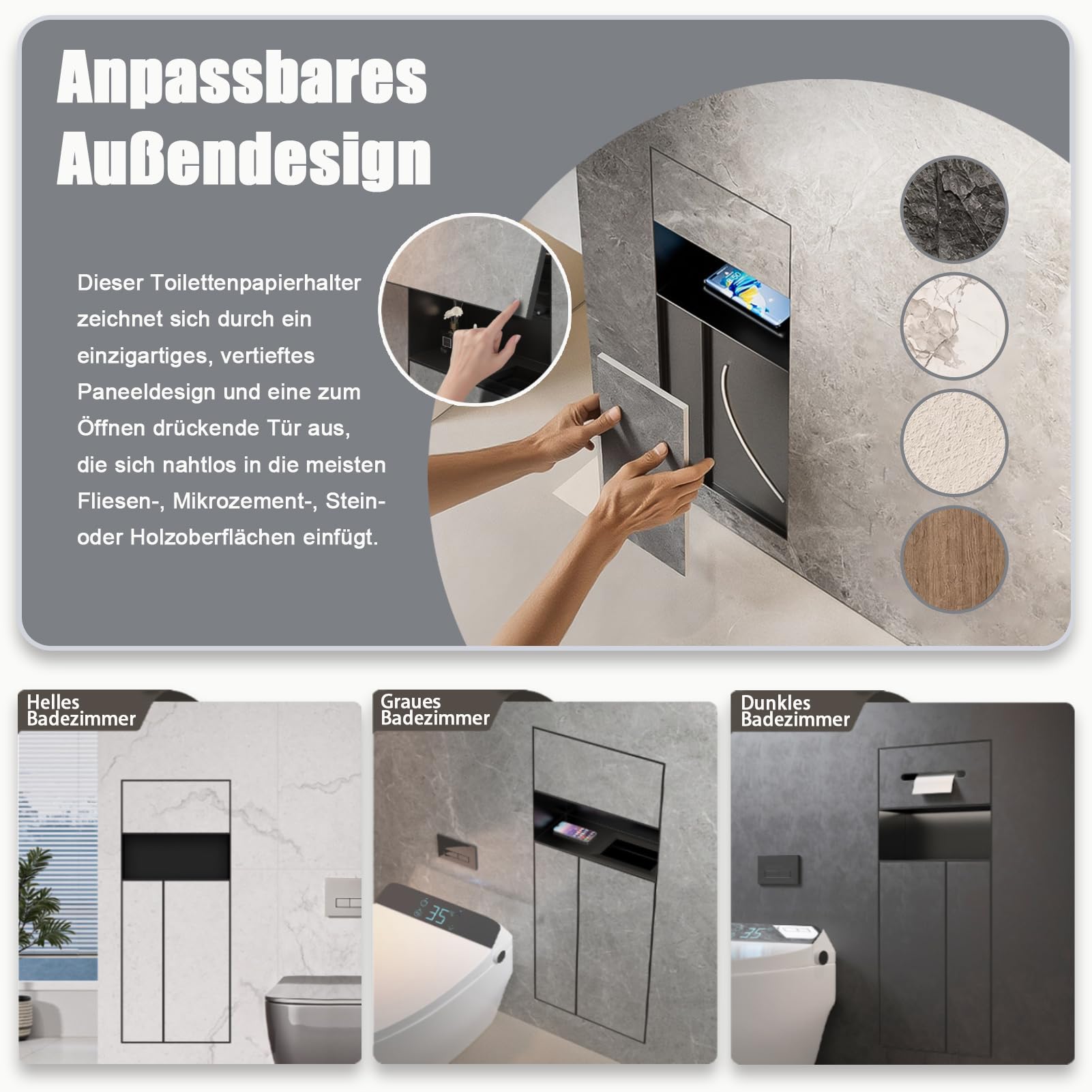 Befliesbar Unterputz Toilettenpapierhalter mit Mülleimer ＆ Bürste, Schwarz Edelstahl Unterputz WC Modul 4 in 1, Platz Sparen Bad Schrankmodul Badschrank mit Push to Open Türöffner