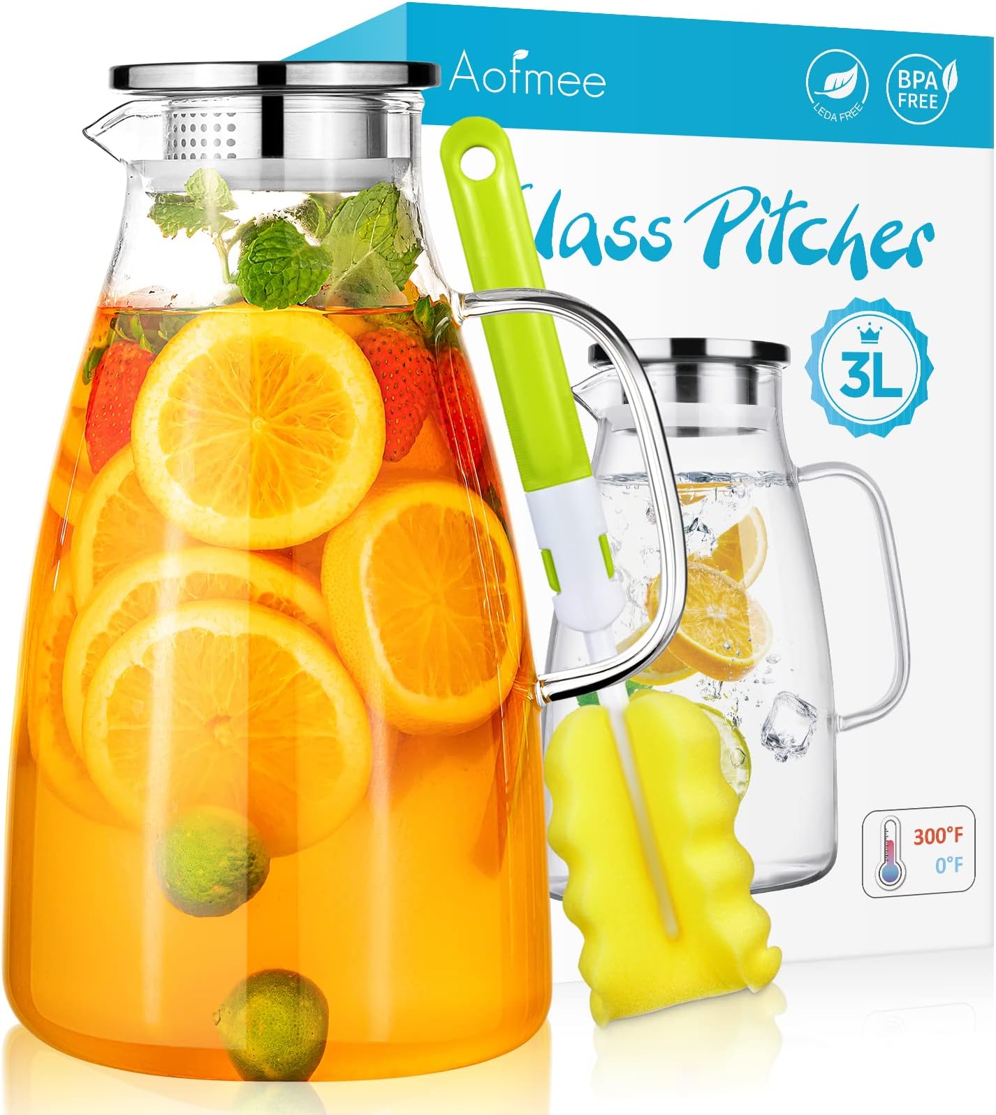 BPFY 1 Pack 60oz Glass Pitcher With Lids For Fridge, Glass