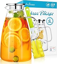 Water Pitcher, 3 L Glass Pitcher with Lid, Juice Jug with 304 Stainless Steel Lid and Spout, Heat Resistant Carafe Pitcher for Hot Cold Beverage, Water Pitcher Fridge for Iced Tea Milk Sangria Coffee