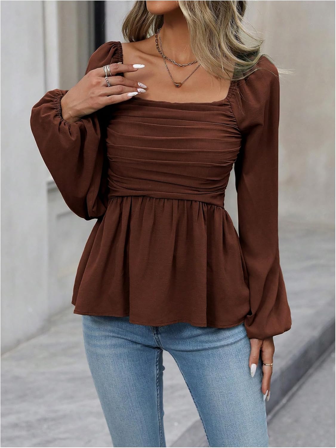 Floerns Women's Bishop Long Sleeve Ruched Square Neck Ruffle Hem Peplum Blouse Top - Image 5