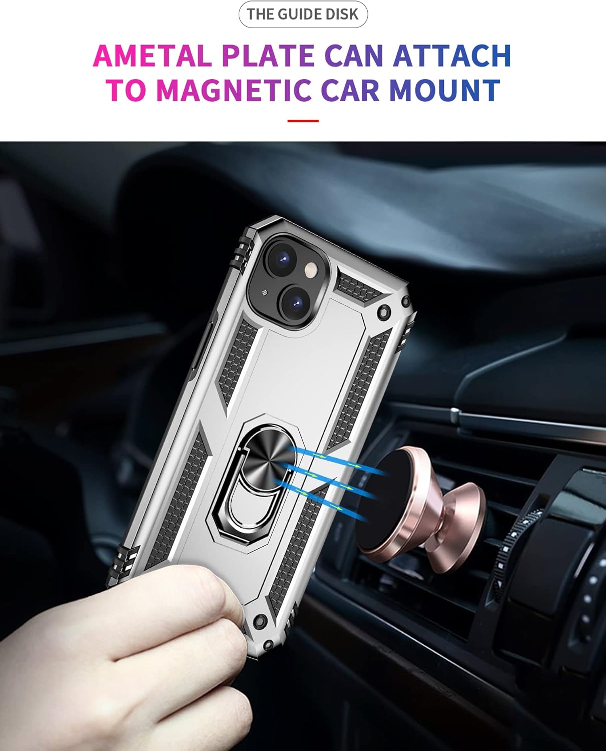 Dionsibei Military Grade Drop Impact for iPhone 14 Plus Case 360 Metal Rotating Ring Kickstand Holder Armor Heavy Duty Shockproof Case for iPhone 14 Plus Phone Case (Silver) - Image 4