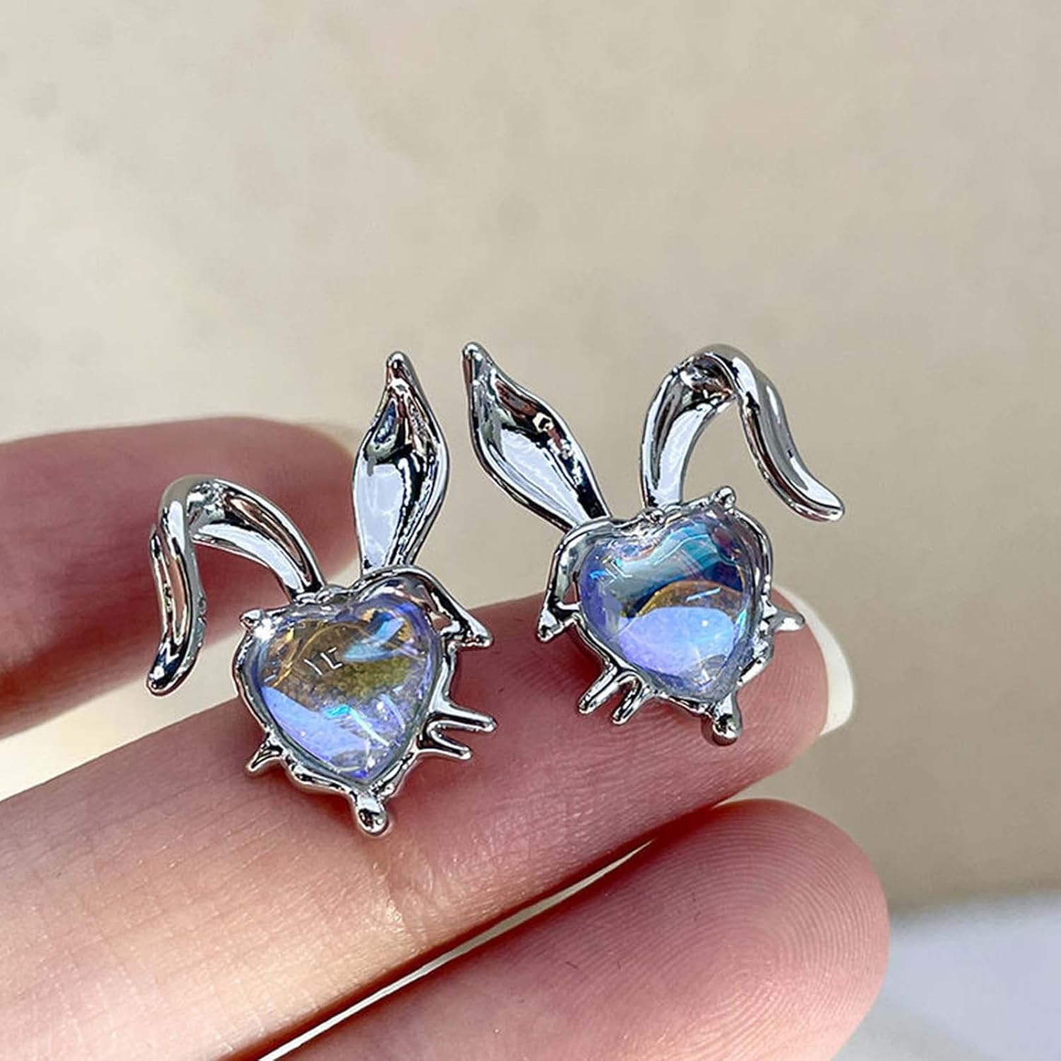 YienDoo Crystal Heart Rabbit Studs Earrings Silver Bunny Rabbit Earrings Cute Rhinestones Kidcore Animal Dangle Earrings Statement Rabbit Ears Earrings Jewelry Gift for Women - Image 6