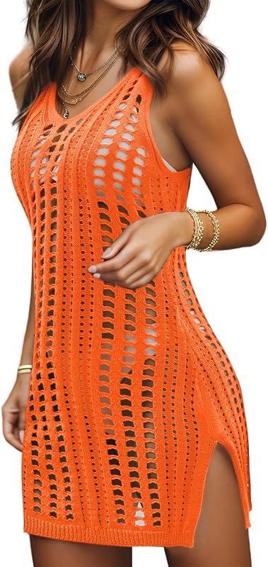 Bellelily Swimsuit Coverup for Women Crochet Slit Beach Vacation Tank Dress