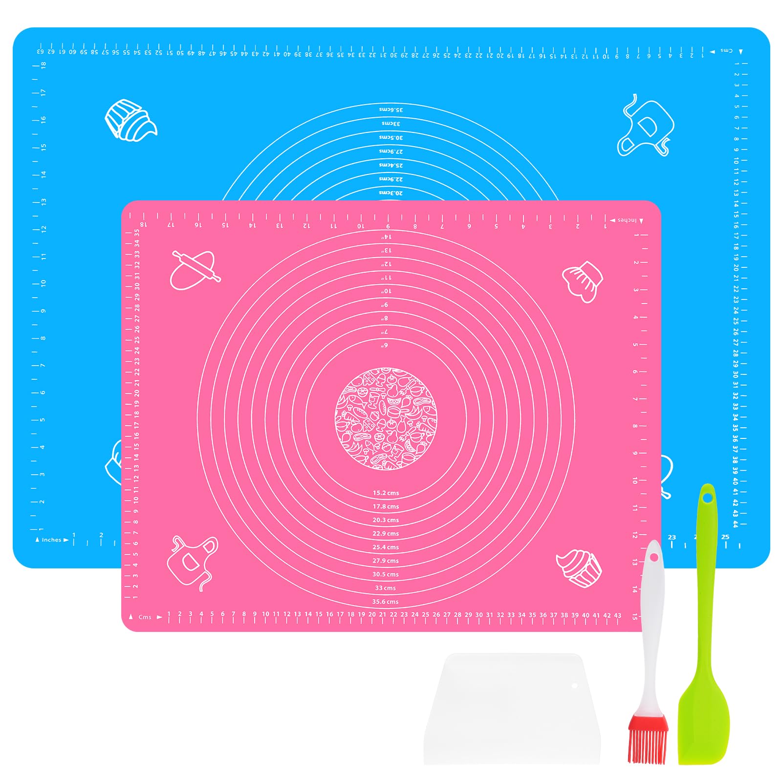 Vicloon Silicone Baking Mat, Extra Large with Measurements Pastry Mat, Non-Stick Rolling Kneading Mats with Dough Scraper and Brush for Pastry, Bread, Pizza, Fondant, Cake(Blue+Pink)