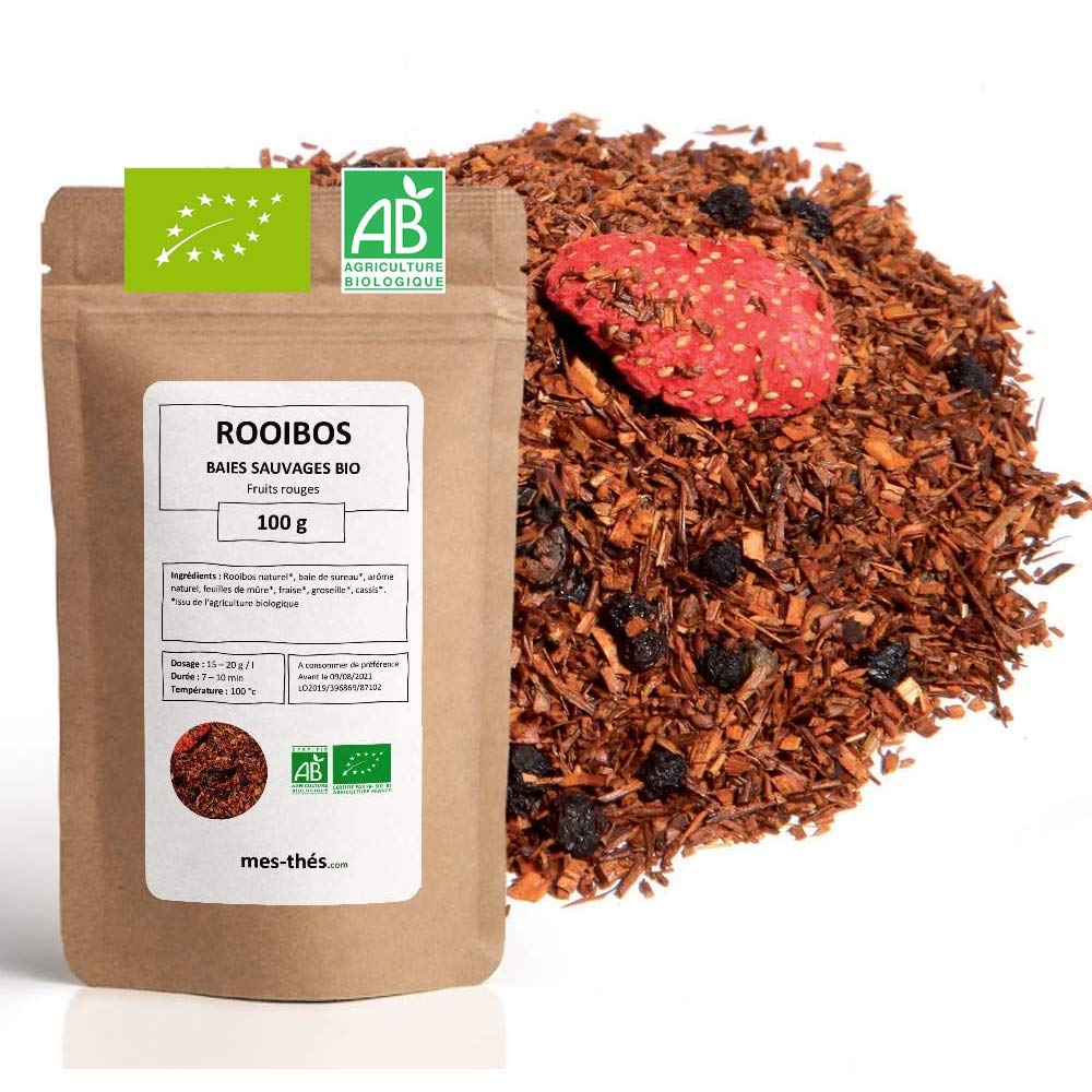 Rooibos Bio Bayas silvestres Frutas rojas Té a granel 100 g 40 tazas Agricultura orgánica Mes-tés