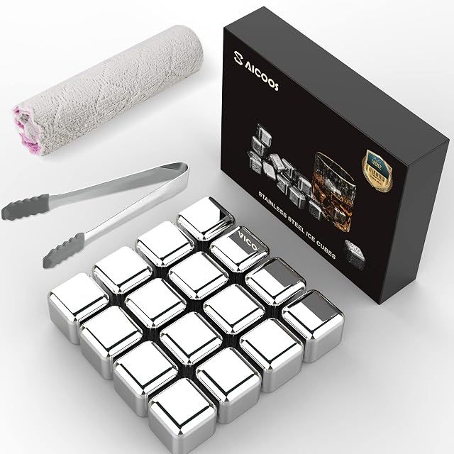 Saicoos Whiskey Stones 16 X Reusable Ice Cubes, High Cooling TechnologyStainless Steel Ice Cubes, for Whiskey, Vodka, Liqueurs, Wine,Beverage Juice or Soda, Pack of 16