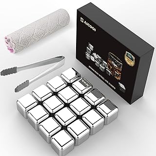 SAICOOS Whiskey Stones 16 Pack,Reusable Ice Cubes, High Cooling Technology，Stainless Steel Ice Cubes, for Whiskey, Vodka, Liqueurs, Wine,Beverage Juice or Soda, Pack of 16…