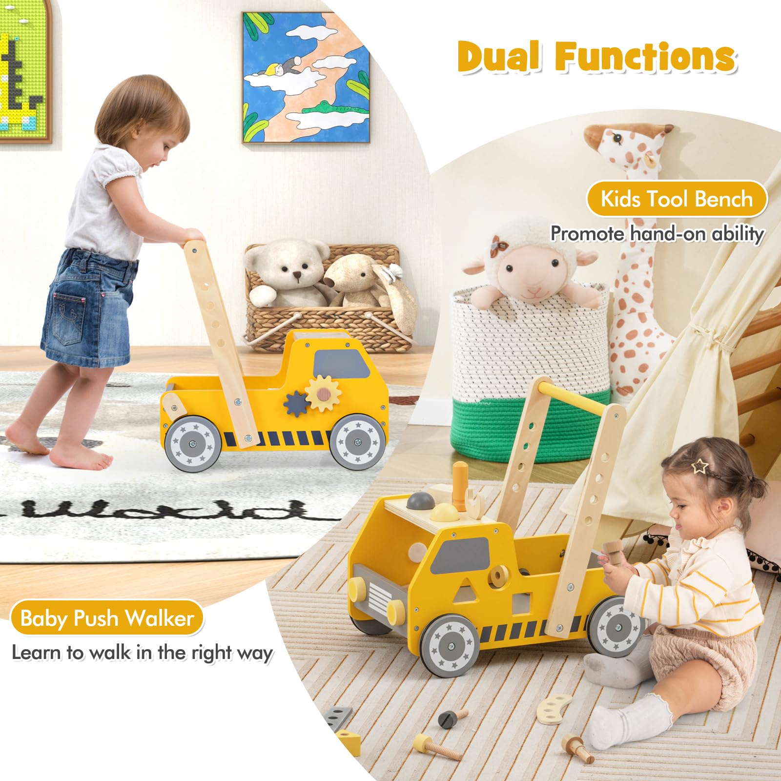 LIFEZEAL Girello, in Legno, Girello per Bambini, con 4 Ruote, Primi Passi per Bambini con Giocattoli Montessori, Baby Walker a Forma di Camion, Carrellino con Banco da Lavoro per Bimbi, Giallo
