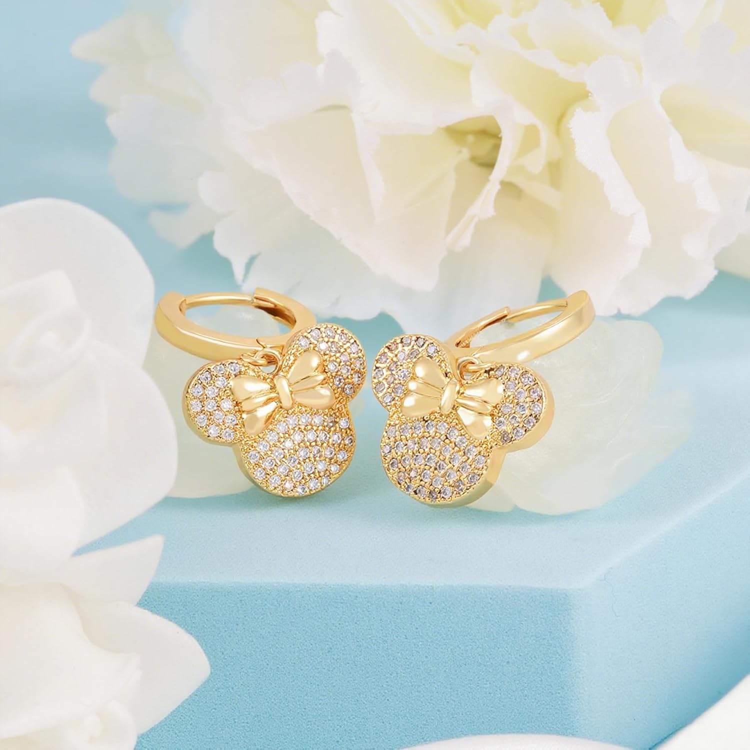 S925 Sterling Silver plated Gold Mouse Bow Earrings Cute Dangle Hoop Earrings Hypoallergenic Cubic Zirconia Bow Knot Dangling Earring Cartilage Animal Jewelry for Women Daughter Sister Birthday Party - Image 2