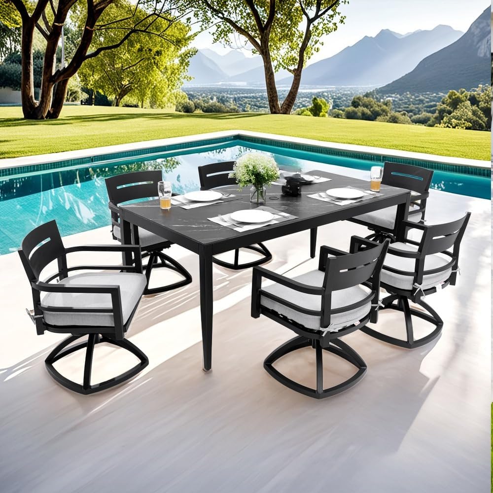 Outdoor Aluminum Dining Set with Sintered Stone Table Top and Swivel Rocker Chairs for Patio Use