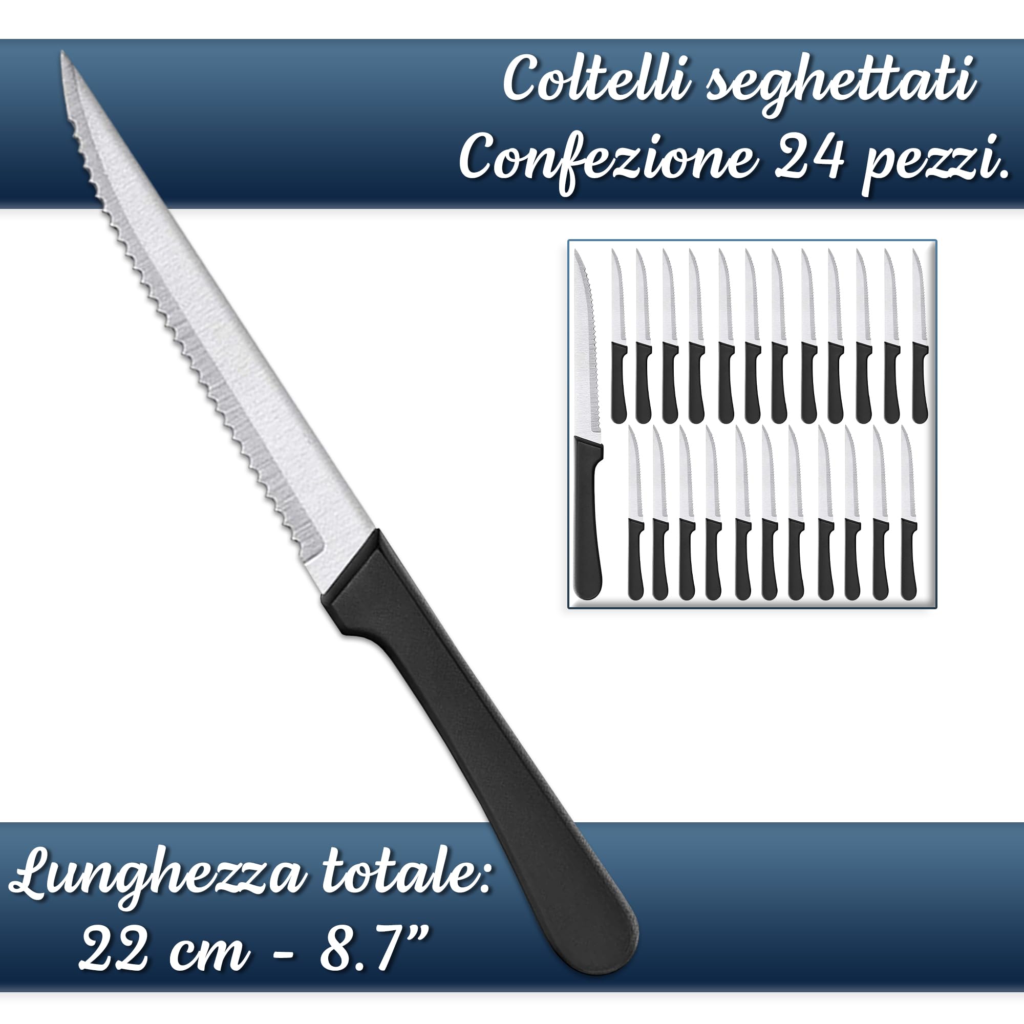 Coltelli da bistecca tavola 24 pezzi acciaio inox 22 cms lama 12 cm lavabile in lavastoviglie coltelli bistecca coltelli da carne coltelli da bistecca da tavola
