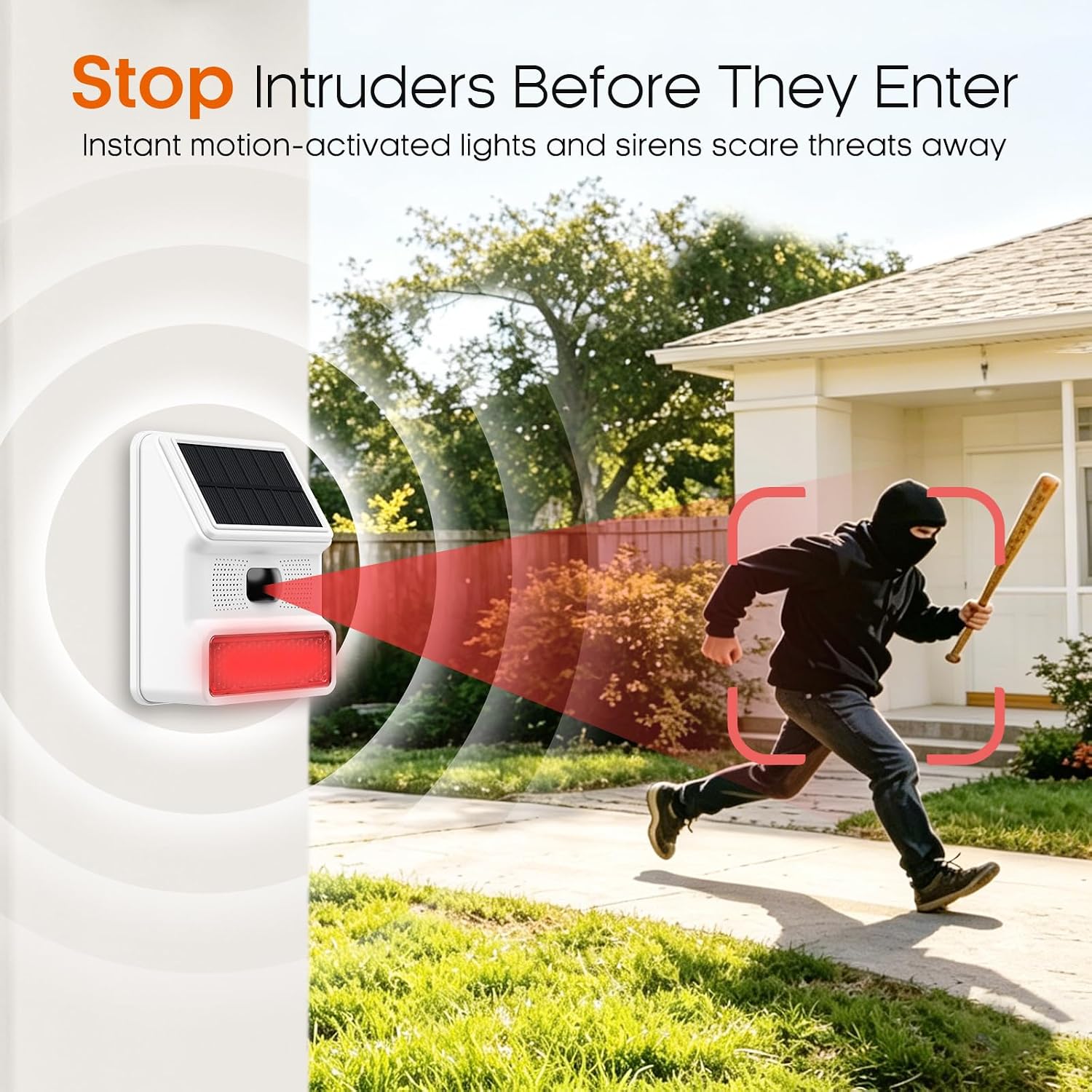 Solar Motion Sensor Alarm, 120dB Outdoor Waterproof Strobe Siren, Wireless Security Alert System for Yard, Farm, Garage, Woods, Bear Deterrent, 2 Pack
