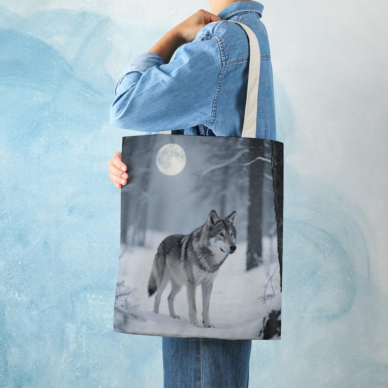 Canvas Tote Bag 16x15 In Lightweight Foldable Shoulder Hobo Purse | Wolf, Casual Tote with 10" Strap, Everyday Carryall, for Travel Work Grocery Shopping Beach Mark Gym Yoga