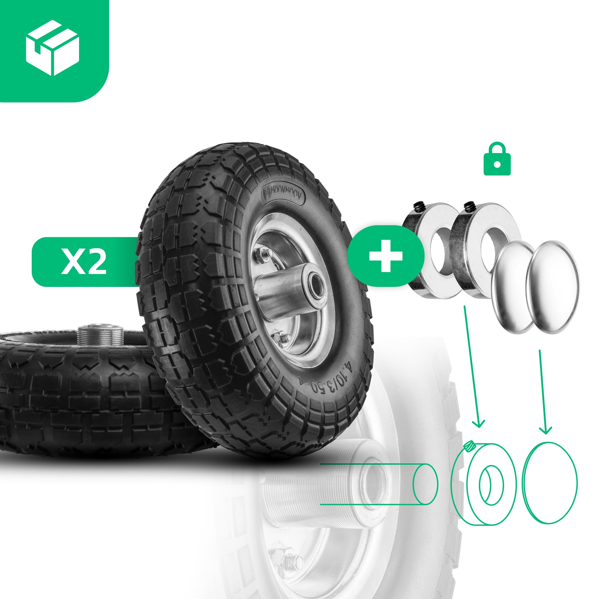 MOOVMOOV Rueda Maciza 4.10/3.50-4 (x2) Orificio para Eje de 16 mm - Cubo Desplazado de 55 mm - Para Carretillas, Carretillas de Mano, Carros, Etc. - Incluye Anillo de Bloqueo + Tapa Autolock