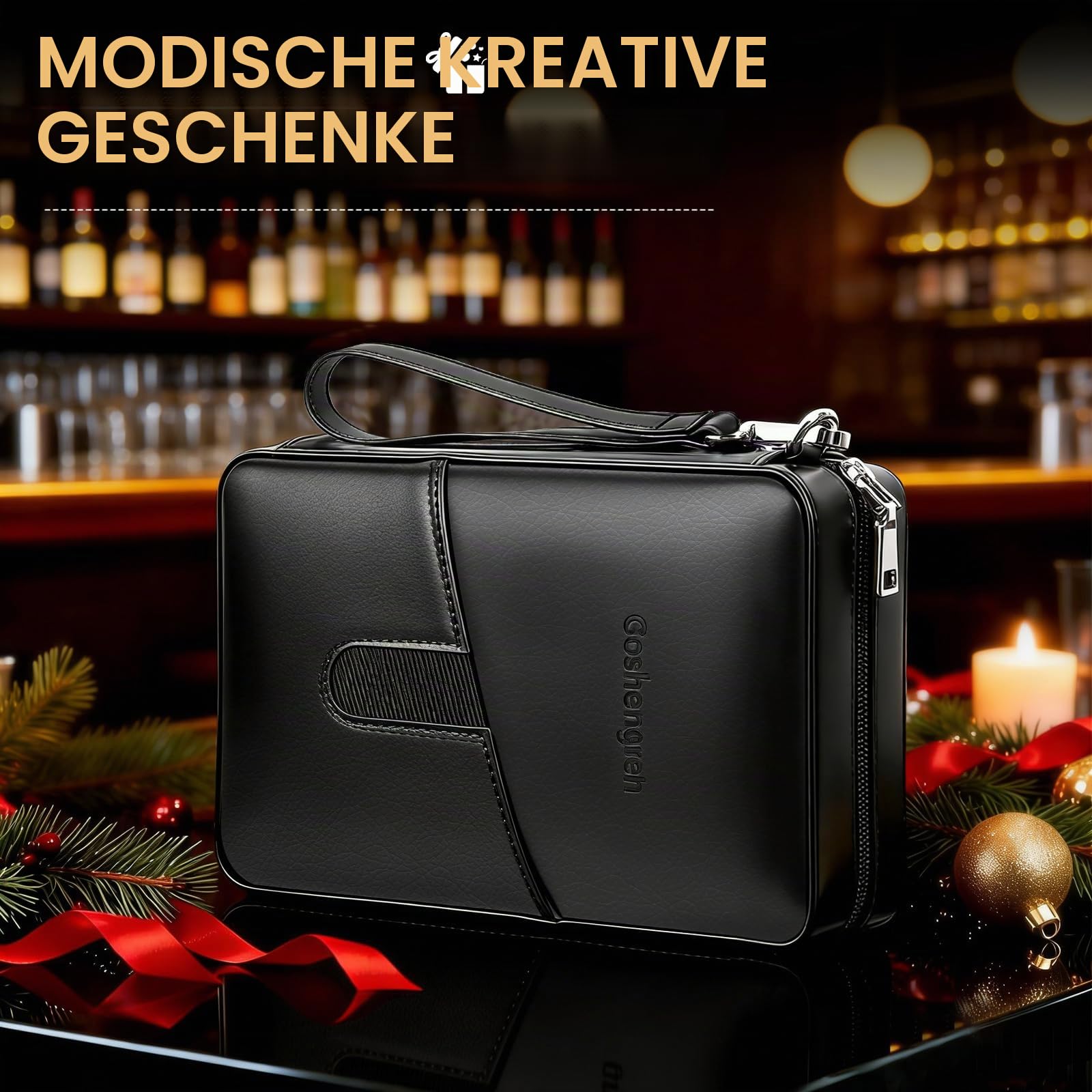 Lederetui aus Zedernholz, Reisebox mit Hygrometer, Kapazität: 6 Stück, Draw Enhancer Tool, Geschenke für Männer (Schwarz)