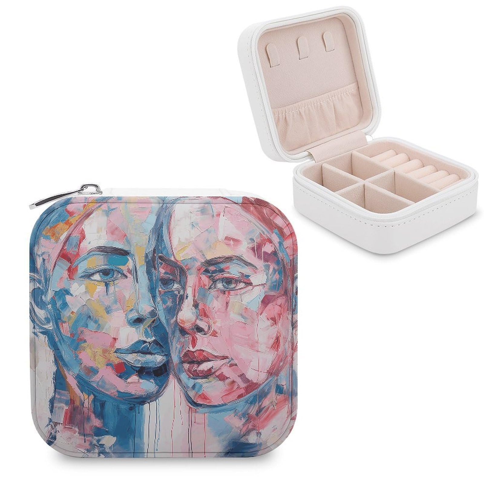 FekiLoot Two Faces Abstract Jewelry Case Personalized Leather Jewelry Box Mini Travel Jewelry Case Small Portable Jewelry Organizer for Ring Earrings Necklace Bracelet