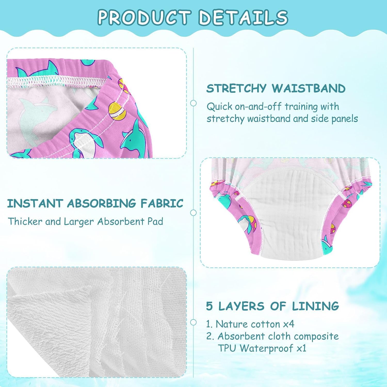 Toddler Potty Training Underwear Dolphins Cotton Absorbent Soft Baby Girl Boy Toilet Training Pants 5T