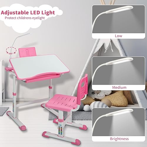 Miniatura 15 de Juego de escritorio y silla para niños, mesa de estudio de escuela en casa para niños de altura ajustable con cajón de almacenamiento, luz LED,