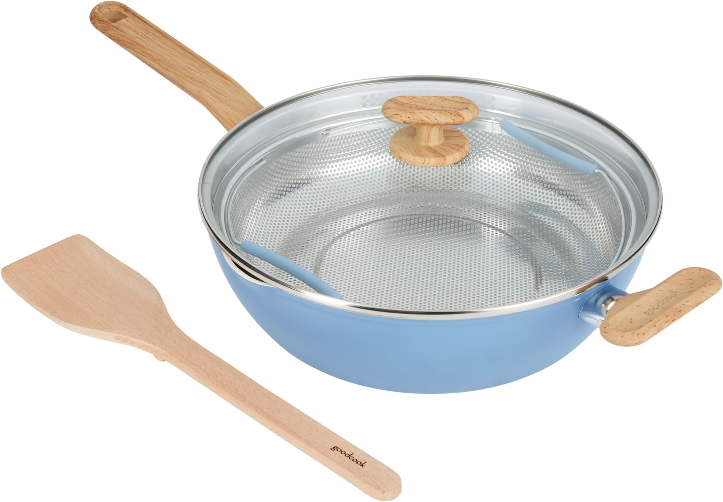 Healthy Ceramic Titanium-infused All-in-One Pan with Tempered Glass Lid, Steamer Basket, and Spatula, Light Blue – Induction Cookware, Nonstick Cooking Pan, Food Cooker and Steamer