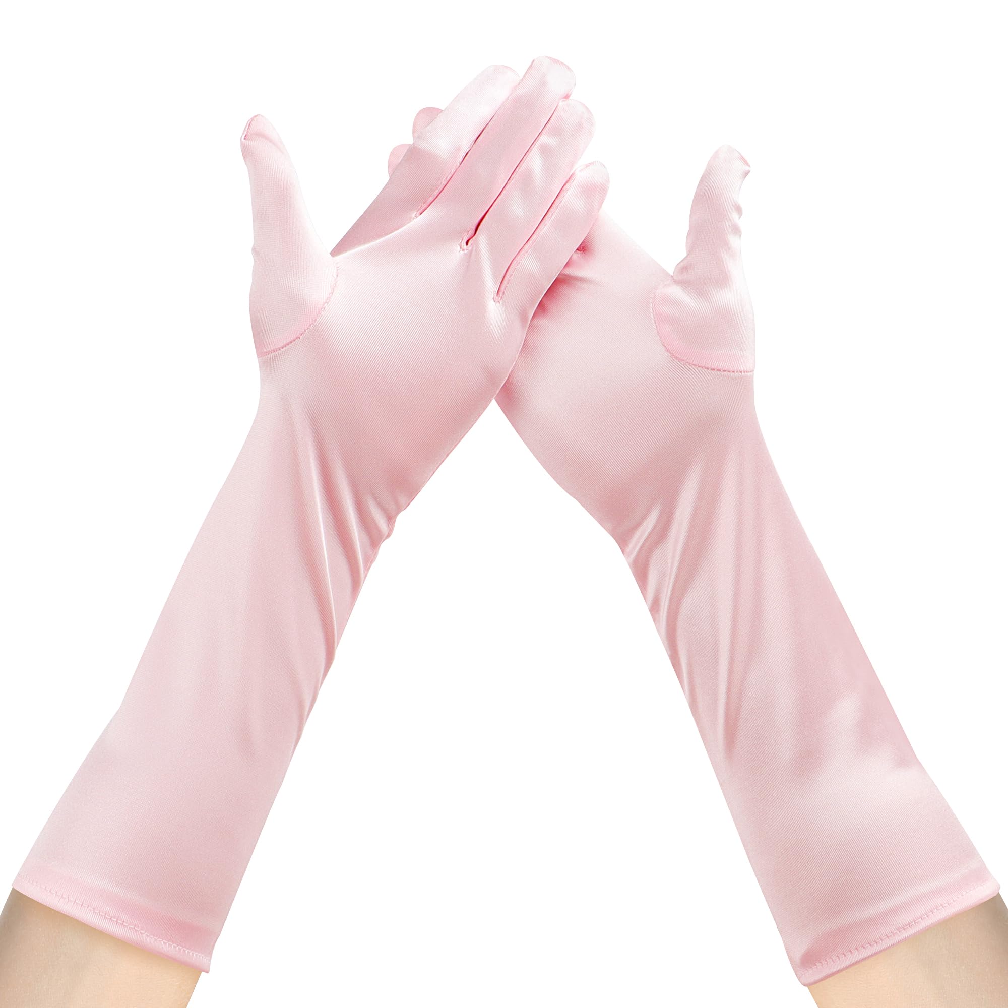 JUNART Long Satin Gloves 15.3" Women Forearm Length Gloves Soft and Breathable Gloves for Opera Wedding Party Cosplay Dance Halloween(Pink)