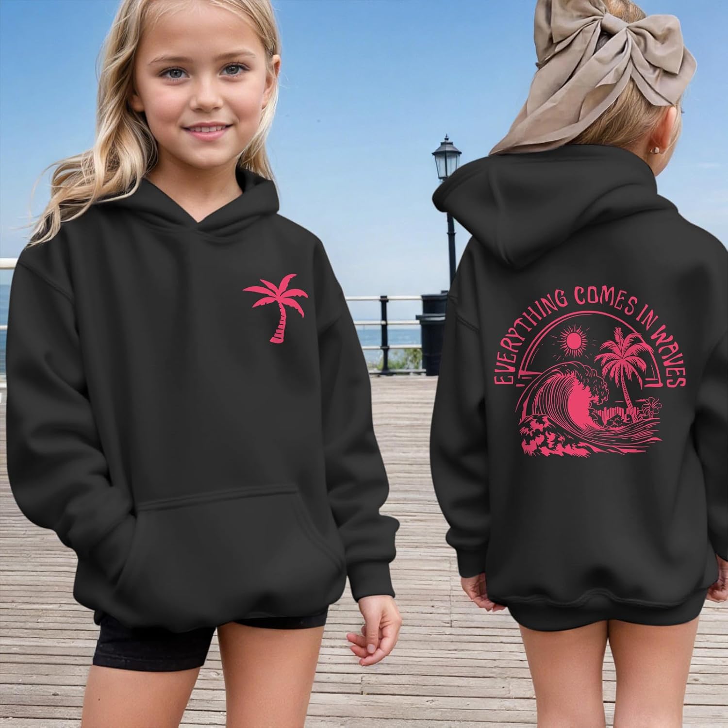KIEKIECOO Girls Palm Graphic Hoodie Beach Cute Hoodies With Pocket Kids Preppy Sweatshirt Ocean Pullover Long Sleeve Top - Image 4