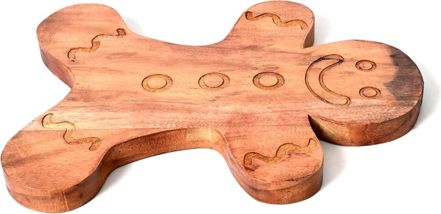 Treen Art Wood Cutting Board for Kitchen Christmas Ginger Bread Shaped Wooden Cutting Board with Grooves, Decorative cutting board for Cheese & Charcuterie Serving Platter 13.5"L x 10.75"W